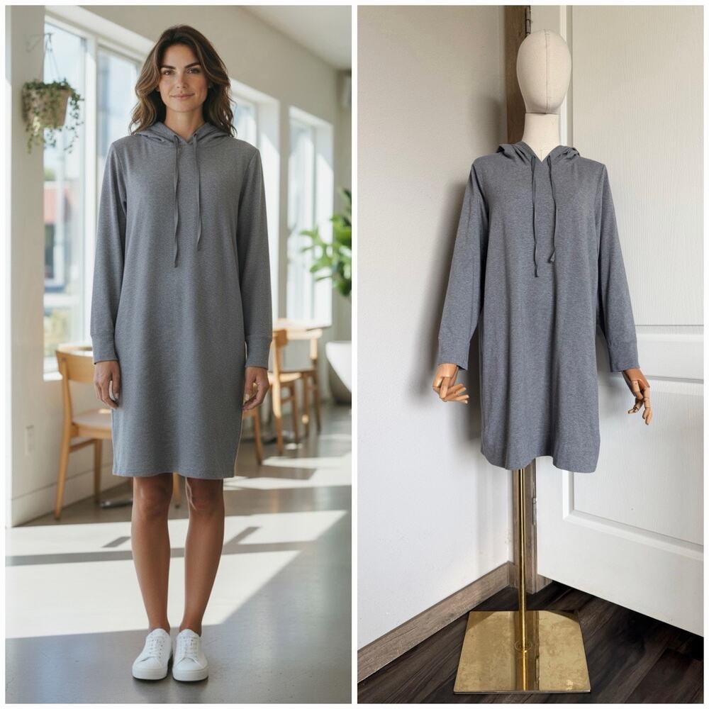 Eileen Fisher Hooded Dress Size PL Gray Organic Cotton Jersey Minimalist Chic